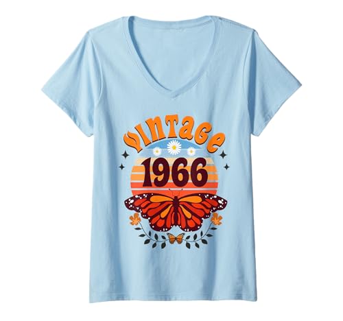 Damen Vintage 60 Jahre Jahrgang 1966 Schmetterling Geburtstag Frau T-Shirt mit V-Ausschnitt von 60 Jahre Frau Geburtstag Jahrgang 1966 Ideen