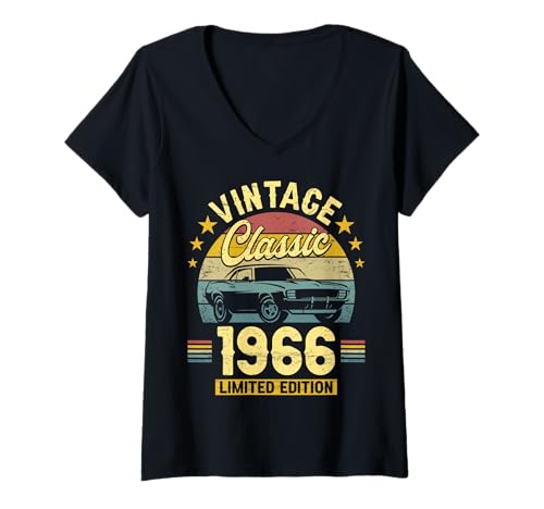Damen Vintage 60 Jahre Jahrgang 1966 Auto Geburtstag Männer T-Shirt mit V-Ausschnitt von 60 Jahre Mann Geburtstag Jahrgang 1966 Ideen