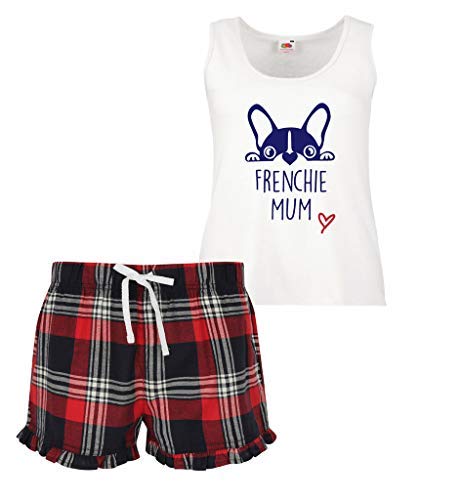 60 Second Makeover Limited Frenchie Mum Damen Tartan Rüsche Shorts Pyjama Set Rot Blau oder Grün Blau Französisch Bulldogge - Rot, Large (UK 14) von 60 Second Makeover Limited