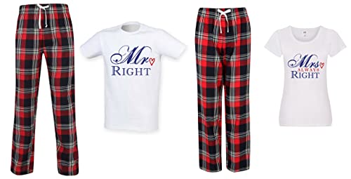 60 Second Makeover Limited Mr Right Pajama-Set "Mrs Always Right", passend für Paare, mit Schottenkaro, für Paare, Zwillingsklasse, rot, Damen L/Herren XL von 60 Second Makeover Limited