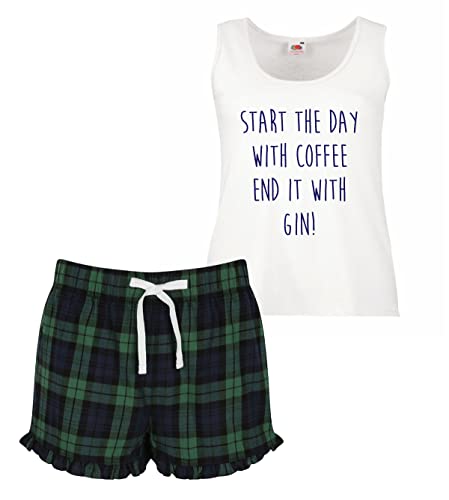 60 Second Makeover Limited Start The Day with Kaffee End It mit Gin Damen Tartan Rüsche Shorts Pyjama Set Rot Blau oder Grün Blau - Grün, Medium (UK 12) von 60 Second Makeover Limited