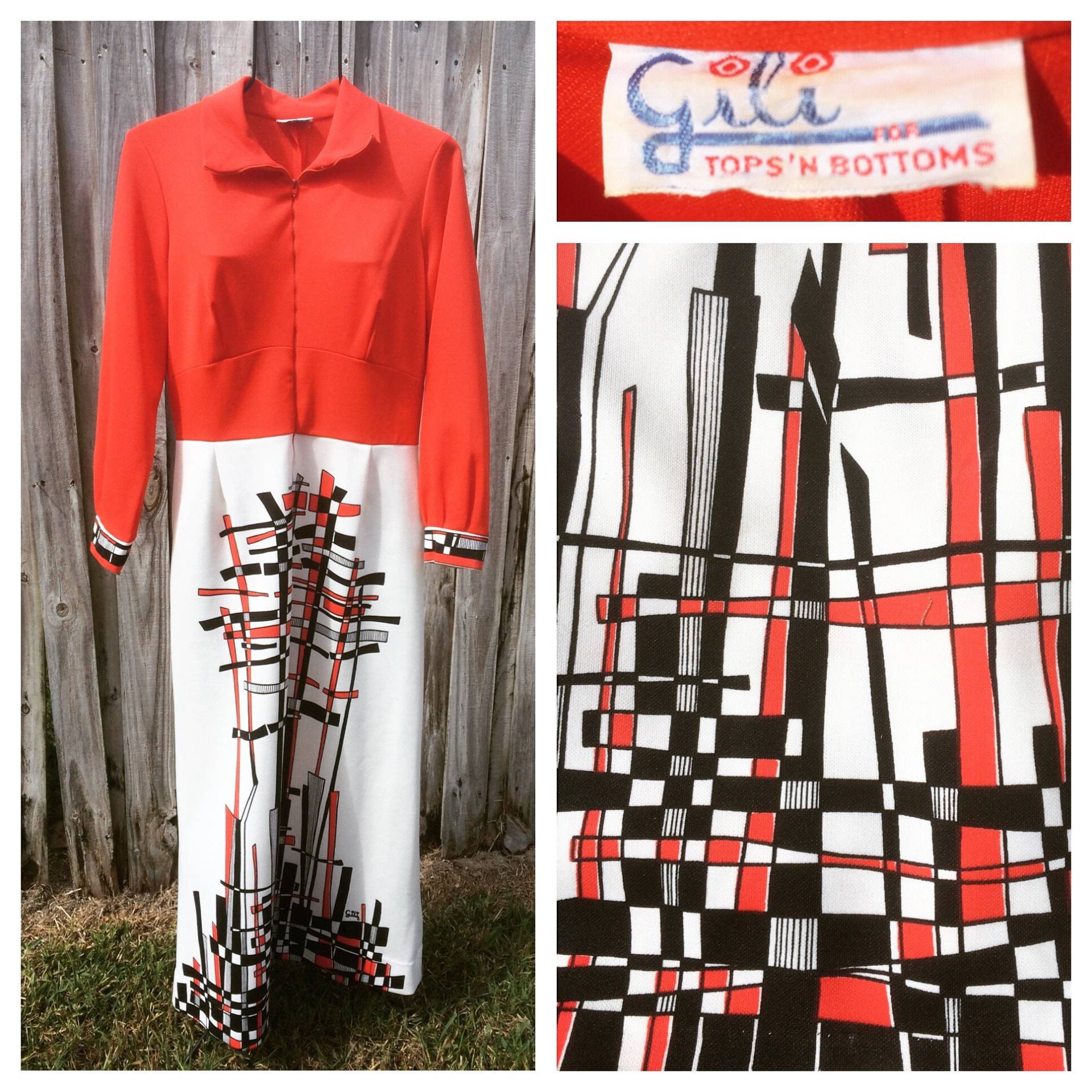 Vintage Mod Gili Reißverschluss Langarm Maxi Kleid W/Op-Kunst-Line-Design Vintage Mod Gili Reißverschluss Langarm Maxi Kleid W/Op-Kunst-Line-Design von 60WattVintage