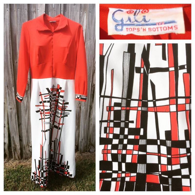 Vintage Mod Gili Reißverschluss Langarm Maxi Kleid W/Op-Kunst-Line-Design Vintage Mod Gili Reißverschluss Langarm Maxi Kleid W/Op-Kunst-Line-Design von 60WattVintage