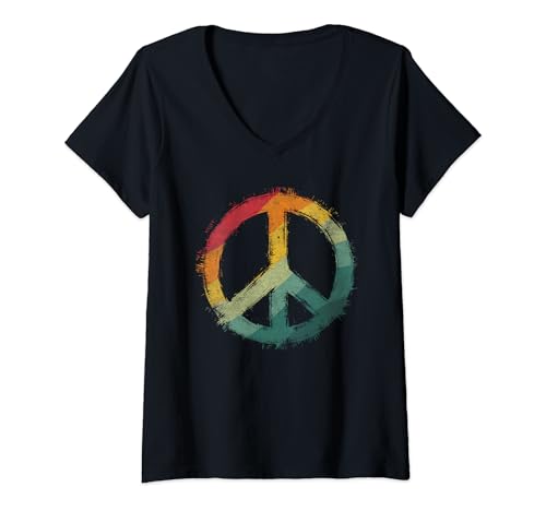 Damen Retro Design Friedenszeichen Peace Zeichen T-Shirt mit V-Ausschnitt Damen Retro Design Friedenszeichen Peace Zeichen T-Shirt mit V-Ausschnitt von 60er 70er 80er Retro Friedenszeichen Geschenke
