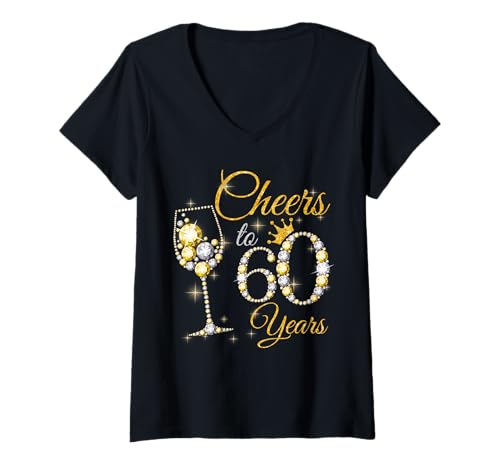 Damen Womens Cheers to 60 Years Old 60th Birthday Queen Diamond T-Shirt mit V-Ausschnitt Damen Womens Cheers to 60 Years Old 60th Birthday Queen Diamond T-Shirt mit V-Ausschnitt von 60th Birthday Queen designs For Womens Apparel Tee