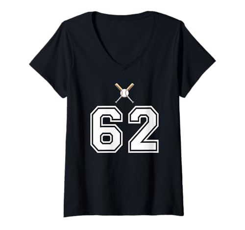 Damen 62 Nummer Baseball Style Vintage Weiß T-Shirt mit V-Ausschnitt Damen 62 Nummer Baseball Style Vintage Weiß T-Shirt mit V-Ausschnitt von 62 Nummer Baseball Style Weiß