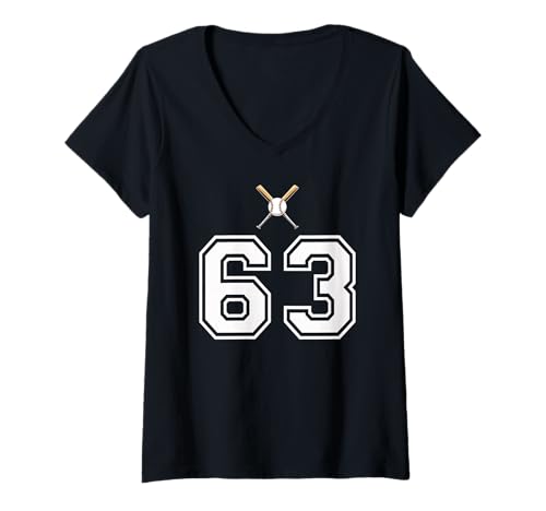 Damen 63 Nummer Baseball Style Vintage Weiß T-Shirt mit V-Ausschnitt von 63 Nummer Baseball Style Weiß