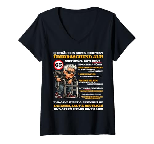 Damen Geburtstag 65 Jahre Überraschend alt Frauen Sarkasmus lustig T-Shirt mit V-Ausschnitt von 65 Geburtstag Lustiges Geburtstagsgeschenk Frau