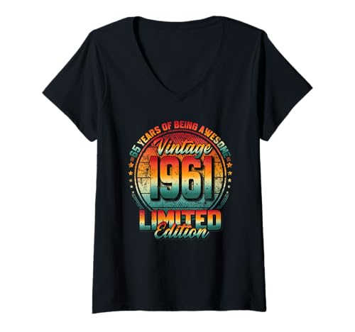 Damen 65. Geburtstag Mann Frau 65 Jahre Vintage 1961 Deko Lustig T-Shirt mit V-Ausschnitt von 65 Jahre Mann Frau Damen Herren Geburtstag