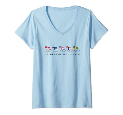 Damen Skandinavien Flaggen Elche Farben Schweden, Norwegen, Island T-Shirt mit V-Ausschnitt von 66 Latitude North