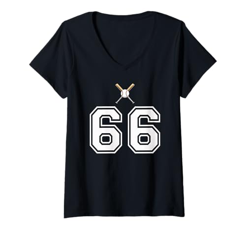 Damen 66 Nummer Baseball Style Vintage Weiß T-Shirt mit V-Ausschnitt Damen 66 Nummer Baseball Style Vintage Weiß T-Shirt mit V-Ausschnitt von 66 Nummer Baseball Style Weiß