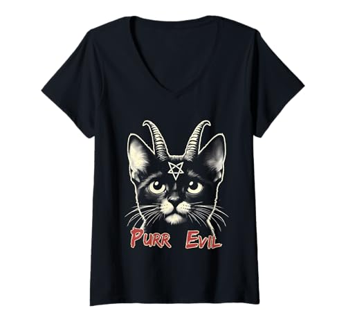 Damen Purr Evil Cat Lucipurr Satanic Baphomet Cat Okkultes Symbol T-Shirt mit V-Ausschnitt Damen Purr Evil Cat Lucipurr Satanic Baphomet Cat Okkultes Symbol T-Shirt mit V-Ausschnitt von 666 Evil Cat Mystic Meow Apparel