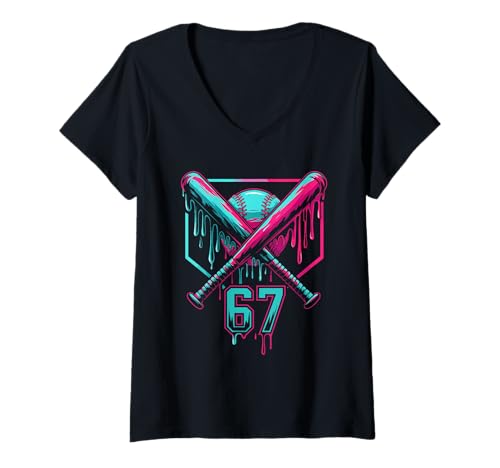 Damen 67 Baseball Drip Six Seven Gen Alpha Lustiger Slag T-Shirt mit V-Ausschnitt Damen 67 Baseball Drip Six Seven Gen Alpha Lustiger Slag T-Shirt mit V-Ausschnitt von 67 Baseball Drip Six Seven Gen Alpha Funny Slag