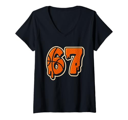 Damen 67 Basketball Six Seven Funny Gen Alpha Slang (auf der Rückseite) T-Shirt mit V-Ausschnitt von 67 Basketball Six Seven Funny Gen Alpha Slang