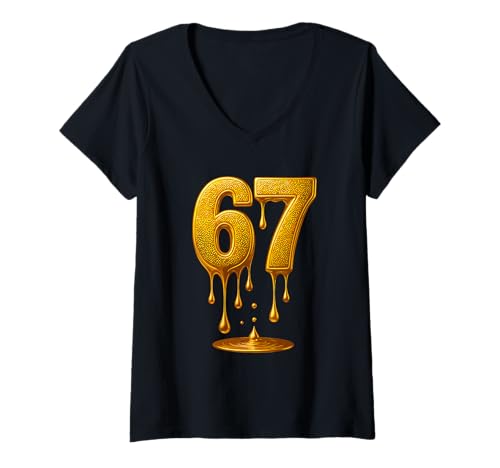Damen 67 Gold Drip Six Seven Lustiges Gen-Alpha-Meme T-Shirt mit V-Ausschnitt Damen 67 Gold Drip Six Seven Lustiges Gen-Alpha-Meme T-Shirt mit V-Ausschnitt von 67 Gold Drip Six Seven Funny Gen Alpha Meme
