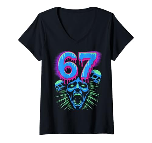 Damen 67 Halloween SCP Horror Face Scary Costume Shirt Horror 6 7 T-Shirt mit V-Ausschnitt Damen 67 Halloween SCP Horror Face Scary Costume Shirt Horror 6 7 T-Shirt mit V-Ausschnitt von 67 Halloween 67 Apparel For Men Women Kids