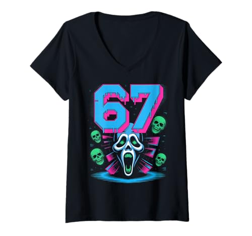 Damen 67 Halloween SCP Horror Face Scary Costume Shirt Horror 6 7 T-Shirt mit V-Ausschnitt Damen 67 Halloween SCP Horror Face Scary Costume Shirt Horror 6 7 T-Shirt mit V-Ausschnitt von 67 Halloween 67 Apparel For Men Women Kids