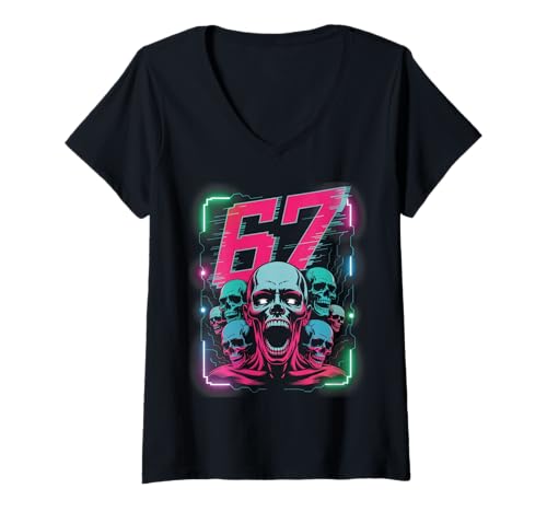 Damen 67 Halloween SCP Horror Face Scary Costume Shirt Horror 6 7 T-Shirt mit V-Ausschnitt Damen 67 Halloween SCP Horror Face Scary Costume Shirt Horror 6 7 T-Shirt mit V-Ausschnitt von 67 Halloween 67 Apparel For Men Women Kids