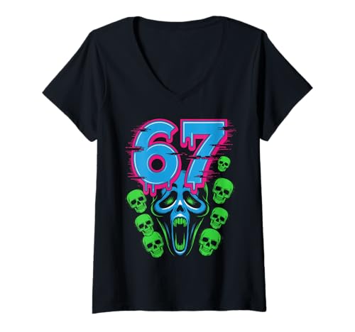 Damen 67 Halloween SCP Horror Face Scary Costume Shirt Horror 6 7 T-Shirt mit V-Ausschnitt Damen 67 Halloween SCP Horror Face Scary Costume Shirt Horror 6 7 T-Shirt mit V-Ausschnitt von 67 Halloween 67 Apparel For Men Women Kids