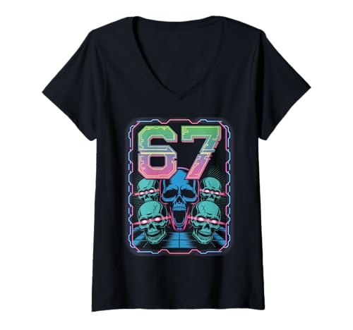 Damen Halloween 67 SCP Horror Face Scary Costume Shirt Horror 6 7 T-Shirt mit V-Ausschnitt Damen Halloween 67 SCP Horror Face Scary Costume Shirt Horror 6 7 T-Shirt mit V-Ausschnitt von 67 Haunted 67 Apparel For Cool Men Women Kids