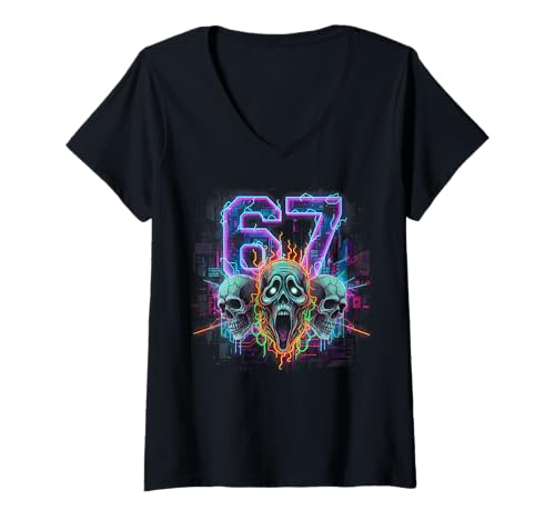 Damen Halloween 67 SCP Horror Face Scary Costume Shirt Horror 6 7 T-Shirt mit V-Ausschnitt Damen Halloween 67 SCP Horror Face Scary Costume Shirt Horror 6 7 T-Shirt mit V-Ausschnitt von 67 Haunted 67 Apparel For Men Women Kids