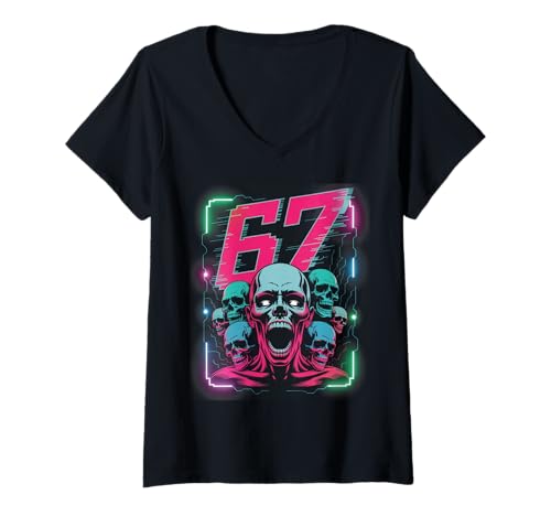 Damen Halloween 67 SCP Horror Face Scary Costume Shirt Horror 6 7 T-Shirt mit V-Ausschnitt Damen Halloween 67 SCP Horror Face Scary Costume Shirt Horror 6 7 T-Shirt mit V-Ausschnitt von 67 Haunted 67 Apparel For Men Women Kids