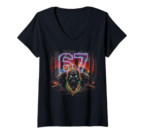 Damen Halloween 67 SCP Horror Face Bootleg Costume Shirt Horror 67 T-Shirt mit V-Ausschnitt Damen Halloween 67 SCP Horror Face Bootleg Costume Shirt Horror 67 T-Shirt mit V-Ausschnitt von 67 Haunted 67 Bootleg Apparel For Men Women Kids