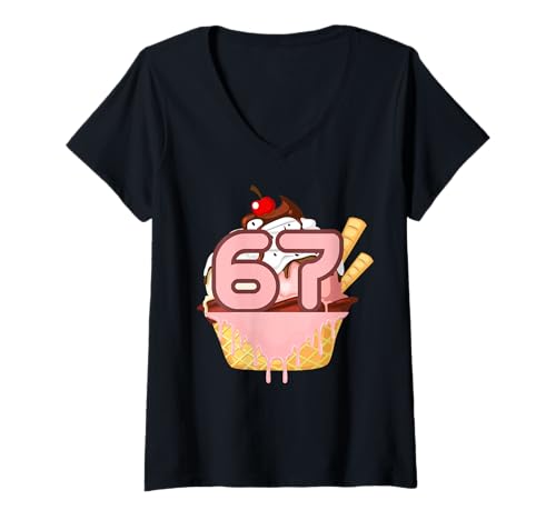 Damen 67 Meme Ice Cream Drip Six Seven Gen Alpha Slang Vibes T-Shirt mit V-Ausschnitt Damen 67 Meme Ice Cream Drip Six Seven Gen Alpha Slang Vibes T-Shirt mit V-Ausschnitt von 67 Meme Ice Cream Drip Funny Six Seven Vibes