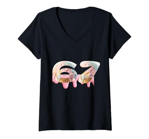 Damen 67 Meme Ice Cream Drip Six Seven Gen Alpha Slang Vibes T-Shirt mit V-Ausschnitt Damen 67 Meme Ice Cream Drip Six Seven Gen Alpha Slang Vibes T-Shirt mit V-Ausschnitt von 67 Meme Ice Cream Drip Funny Six Seven Vibes