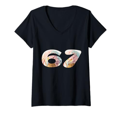 Damen 67 Meme Ice Cream Drip Six Seven Gen Alpha Slang Vibes T-Shirt mit V-Ausschnitt Damen 67 Meme Ice Cream Drip Six Seven Gen Alpha Slang Vibes T-Shirt mit V-Ausschnitt von 67 Meme Ice Cream Drip Funny Six Seven Vibes