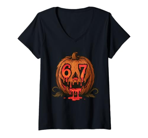 Damen 67 Meme Gruseliger Halloween-Kürbis — Six Seven Gen Alpha Z T-Shirt mit V-Ausschnitt Damen 67 Meme Gruseliger Halloween-Kürbis — Six Seven Gen Alpha Z T-Shirt mit V-Ausschnitt von 67 Meme Shirts & Gifts HHWCo.