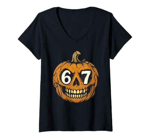 Damen 67 Meme Gruseliger Halloween-Kürbis — Six Seven Gen Alpha Z T-Shirt mit V-Ausschnitt von 67 Meme Shirts & Gifts HHWCo.