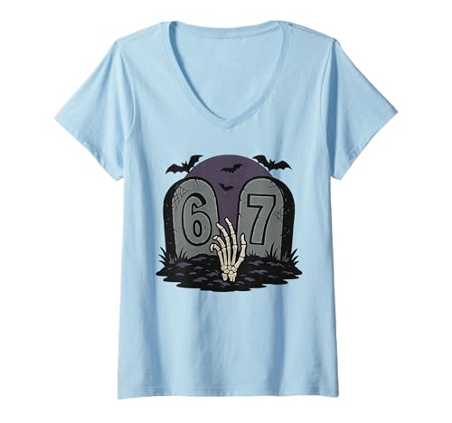 Damen 67 Meme Halloween Skelett Gruselig - Six Seven Gen Alpha Z T-Shirt mit V-Ausschnitt Damen 67 Meme Halloween Skelett Gruselig - Six Seven Gen Alpha Z T-Shirt mit V-Ausschnitt von 67 Meme Shirts & Gifts HHWCo.