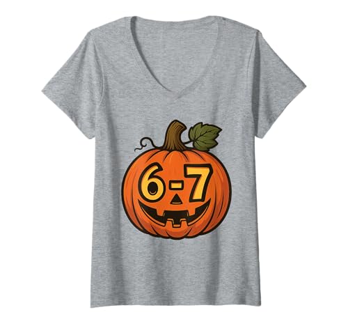 Damen 67 Meme Halloween Süßer Kawaii-Kürbis Six Seven Gen Alpha Z T-Shirt mit V-Ausschnitt Damen 67 Meme Halloween Süßer Kawaii-Kürbis Six Seven Gen Alpha Z T-Shirt mit V-Ausschnitt von 67 Meme Shirts & Gifts HHWCo.