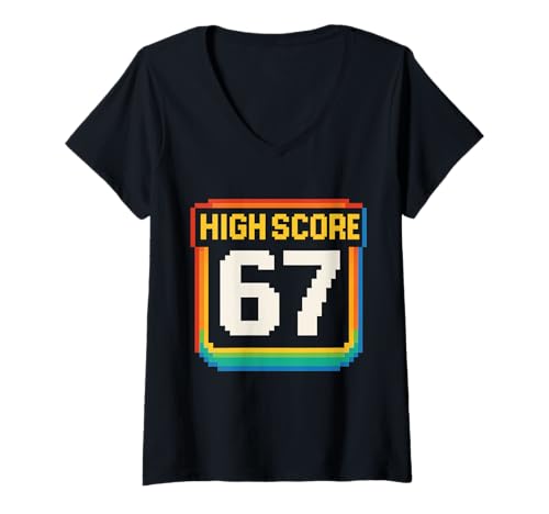 Damen 67 Meme High Score Videospiel - Six Seven Gen Alpha Z T-Shirt mit V-Ausschnitt Damen 67 Meme High Score Videospiel - Six Seven Gen Alpha Z T-Shirt mit V-Ausschnitt von 67 Meme Shirts & Gifts HHWCo.