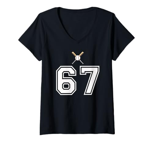 Damen 67 Nummer Baseball Style Vintage Weiß T-Shirt mit V-Ausschnitt Damen 67 Nummer Baseball Style Vintage Weiß T-Shirt mit V-Ausschnitt von 67 Nummer Baseball Style Weiß