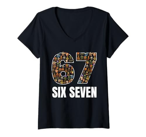 Damen 67 Six Seven Italienisches Brainrot Gen Alpha Slang-Meme T-Shirt mit V-Ausschnitt Damen 67 Six Seven Italienisches Brainrot Gen Alpha Slang-Meme T-Shirt mit V-Ausschnitt von 67 Six Seven Italian Brainrot Gen Alpha Slang Meme