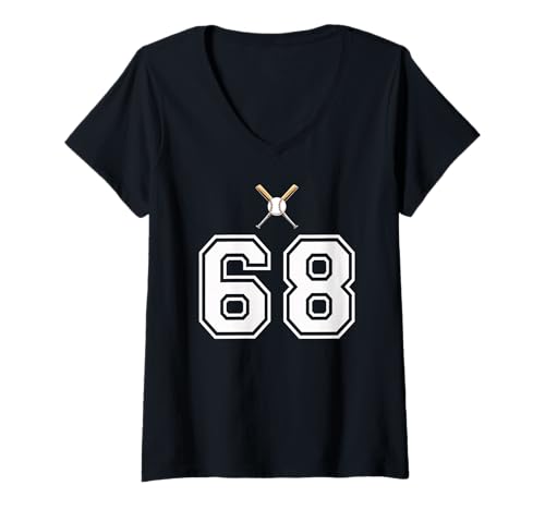 Damen 68 Nummer Baseball Style Vintage Weiß T-Shirt mit V-Ausschnitt Damen 68 Nummer Baseball Style Vintage Weiß T-Shirt mit V-Ausschnitt von 68 Nummer Baseball Style Weiß