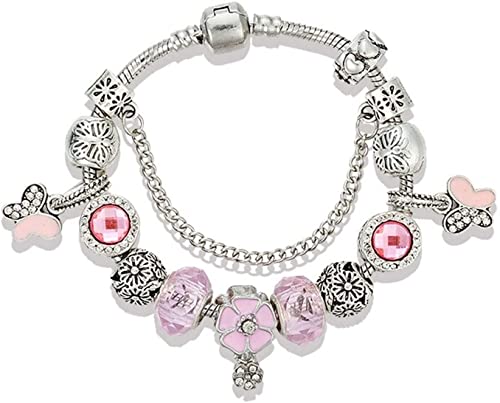 6hftuiiii Damen-Armband, Modeschmuck, Geschenk, violette Emaille-Blumen-Armbänder und Armreifen, Schmetterlings-Charm-Perlen, passend für Pan-Armbänder (Größe: 20 cm), 19 cm von 6hftuiiii