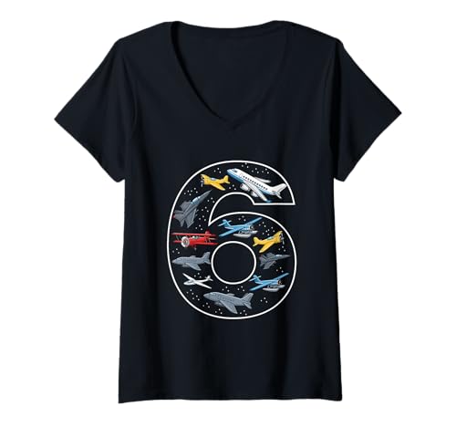 Damen 6. Geburtstag 6 Jahre alt Flugzeug Jungen Mädchen Luftfahrt T-Shirt mit V-Ausschnitt von 6th Birthday 6 Year Old Airplane Boys Girls