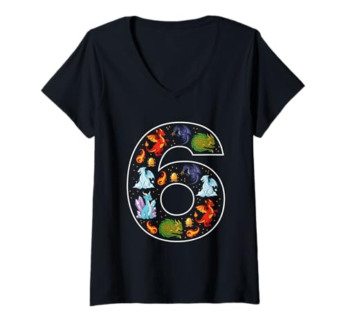 Damen 6. Geburtstag 6 Jahre alt Drache Jungen Mädchen Fantasie T-Shirt mit V-Ausschnitt Damen 6. Geburtstag 6 Jahre alt Drache Jungen Mädchen Fantasie T-Shirt mit V-Ausschnitt von 6th Birthday 6 Year Old Dragon Boys Girls