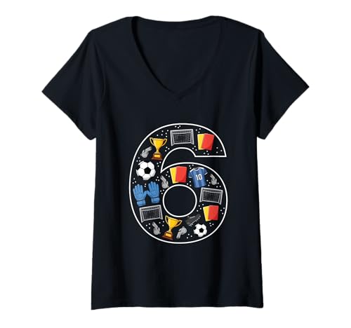 Damen 6. Geburtstag 6 Jahre alt Fußball Jungen Mädchen Fußball T-Shirt mit V-Ausschnitt von 6th Birthday 6 Year Old Football Boys Girls