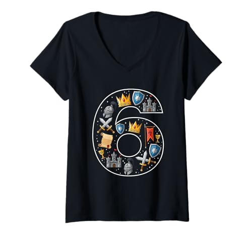 Damen 6. Geburtstag Ritterschloss 6 Jahre alt Jungen Mittelalter T-Shirt mit V-Ausschnitt Damen 6. Geburtstag Ritterschloss 6 Jahre alt Jungen Mittelalter T-Shirt mit V-Ausschnitt von 6th Birthday Knight Castle 6 Years old Boys