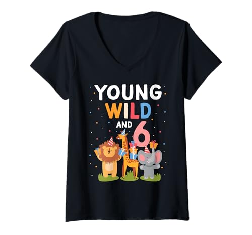 Damen 6. Geburtstag Zoo Safari Dschungeltier 6 Jahre alt lustig T-Shirt mit V-Ausschnitt Damen 6. Geburtstag Zoo Safari Dschungeltier 6 Jahre alt lustig T-Shirt mit V-Ausschnitt von 6th Birthday Zoo Safari Jungle Animal 6 Year Old