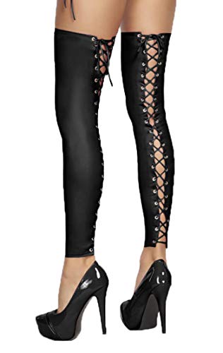 7Heaven Schwarze Dessous Strümpfe Bein-Stulpen mit Schnürung aus wetlook Material dehnbar halterlos L/XL von 7Heaven