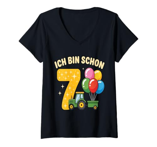 Damen Kinder 7 Geburtstag Junge Traktor Outfit Ich Bin Schon 7 T-Shirt mit V-Ausschnitt Damen Kinder 7 Geburtstag Junge Traktor Outfit Ich Bin Schon 7 T-Shirt mit V-Ausschnitt von 7 Year Tractors Birthday