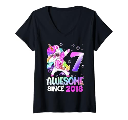 Damen Fantastisch seit 2018 zum 7. Geburtstag von Dabbing Unicorn T-Shirt mit V-Ausschnitt Damen Fantastisch seit 2018 zum 7. Geburtstag von Dabbing Unicorn T-Shirt mit V-Ausschnitt von 7 Years Old Unicorn 7th Birthday Girl