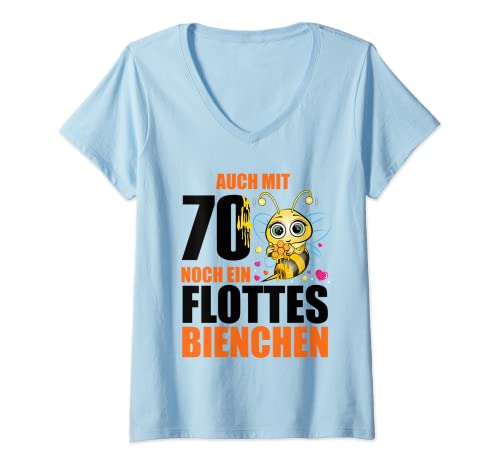 Damen 70 Jahre Flottes Bienchen 70. Geburtstag 70. Ehrentag T-Shirt mit V-Ausschnitt von 70 Geburtstag Frauen Geschenk lustig Biene Imker