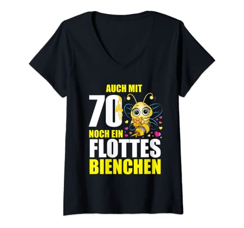 Damen 70 Jahre Flottes Bienchen 70. Geburtstag 70. Ehrentag T-Shirt mit V-Ausschnitt von 70 Geburtstag Frauen Geschenk lustig Biene Imker