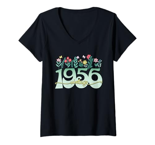 Damen Vintage 70 Jahre Jahrgang 1956 Blumen Geburtstag Frauen T-Shirt mit V-Ausschnitt von 70 Jahre Frau Geburtstag Jahrgang 1956 Ideen